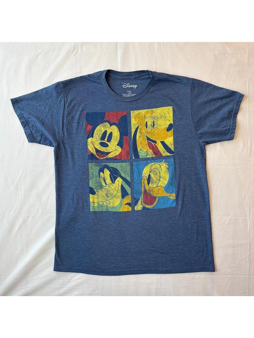 Disney Mickey Mouse Goofy Pluto Donald Duck Pop Art Grid Tee Heather Navy Size L